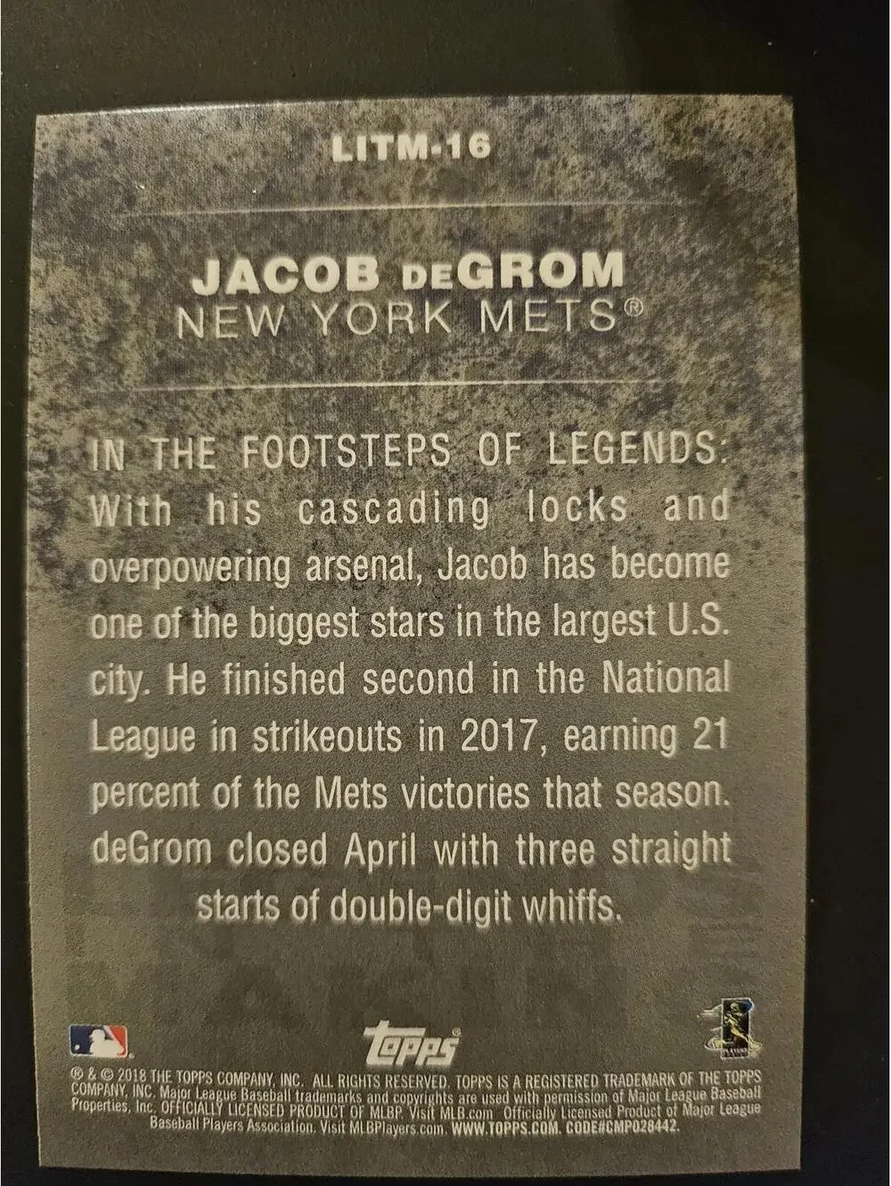 2018 Topps Legends in the Making Black #LITM-16 - Jacob DeGrom - RAW Mint - Picture 2 of 2